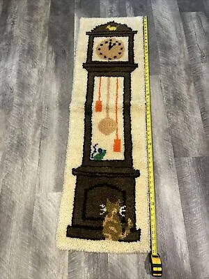 $79 • Buy MCM VTG GRANDFATHER CLOCK CAT AND MOUSE  Latch Hook Rug Wall Hanging LARGE 56 
