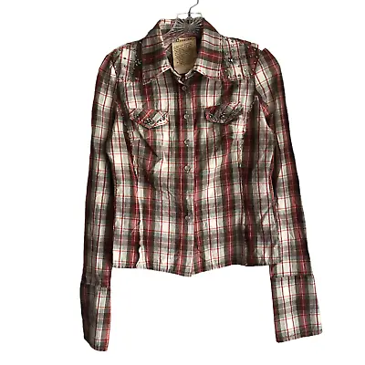 Miss Me Women's Western Shirt Size S Plaid Rhinestone Embellished Embroidered • $30.62