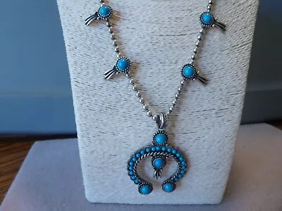 Vintage Turquoise & Silver Native American Navajo Style Squash Blossom Necklace • $200