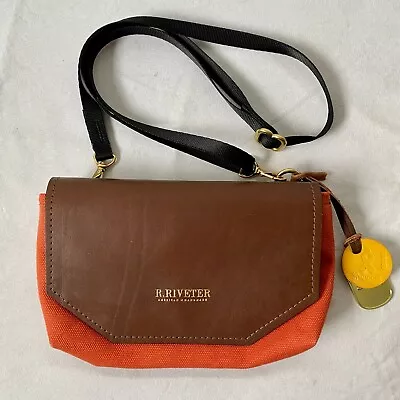 R. Riveter The Patton Bag Orange Nylon Brown Leather Crossbody Purse • $50