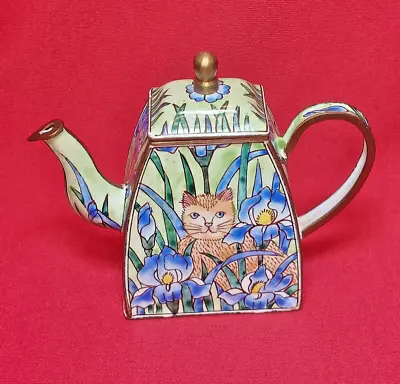 Vtg Enamel Decorated Copper Miniature Teapot - Cat In Blue Irises • $30