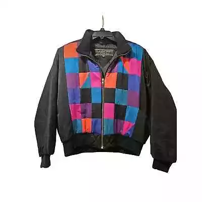 Vintage Mulberry Street Medium Multicolored Bomber Jacket Black Colorblock VG • $60