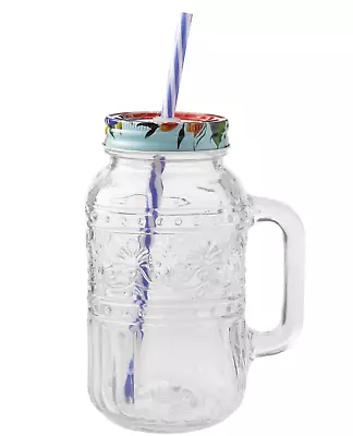 Pioneer Woman Cassie 32 Oz Teal Glass Mason Jar Drinking Glass Lid/Straw USA • $8.42