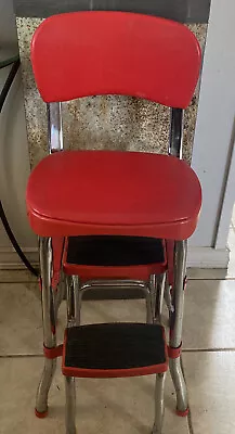 Vintage  COSCO RED METAL Farm House Folding Step Stool Youth Chair Great Cond • $150