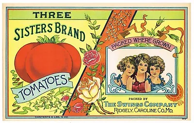 Original Can Case Crate Label C1920 Three Sisters Tomatoes Ridgely Maryland  • $44.95