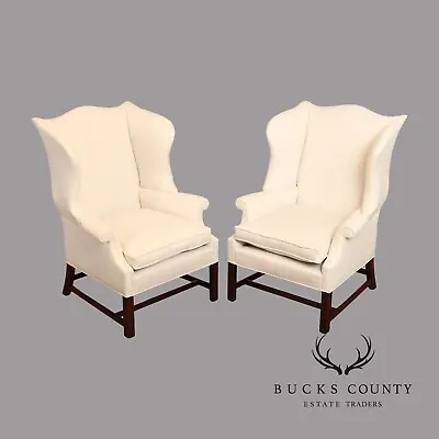 Saybolt Cleland Chippendale Style 2 Custom Upholstered Mahogany Wingback Chairs • $3995