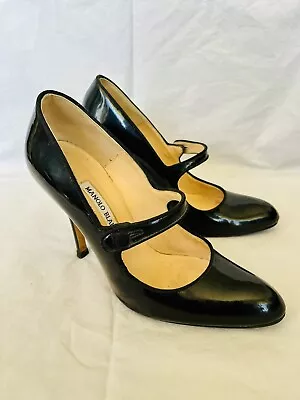 Manolo Blahnik Campy Mary Jane Heel Pump Black Patent Leather 36.5 • $175