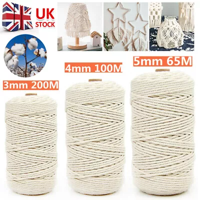 £5.79 • Buy 3/4/5mm Natural Beige Cotton String Twisted Cord Rope Artisan Macrame Craft DIY