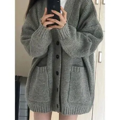 Grey Women Knitted Cardigan Korean Pocket V Neck Single Breasted Jumper  Sweater • $116.99