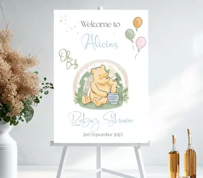 Baby Shower Pooh Bear Welcome Sign Gender Reveal Banner Backdrop • £8.99