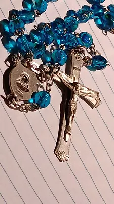 Vtg Chapel Sterling Silver 925 Blue Faceted Crystal. 20 Inc Bead Crucifix Rosary • $64
