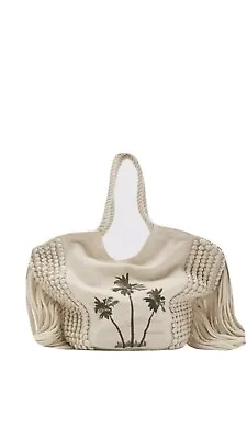 Zara Beige Cotton Fringed Embroidered Palm Tree Tote Bag • £45