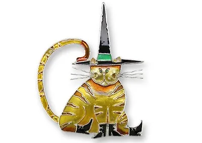 Halloween Cat Pin Zarah  Pointy Witch Hat  Silver Plated Hand Painted Enamel • $29.99