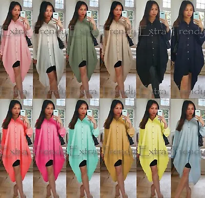 Womens Ladies Gold Button Hi Lo Dip Hem Baggy Oversized Long Batwing Shirt Dress • £13.95