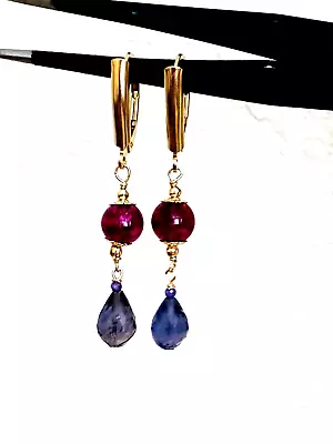 Natural Tanzanite Tourmaline Dangling Earrings 1/20 14k Yellow Gold  • $74.99