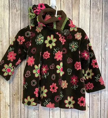 Corky & Co Fleece Brown Hooded Coat & Matching Hat Size 5 Lime Hot Pink  • $30