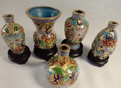 Miniature Cloisonne Vase Set Of 5 Vases With 4 Wooden Stands  • $47.16