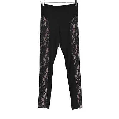 BETSEY JOHNSON Black Leggings Floral Lace Nude Panel Mid Rise Womens Size Small • £13.90