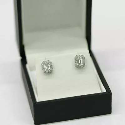 2Ct Emerald Cut VVS1 Diamond Double Halo Stud Earrings In 14k White Gold Finish • $94.49