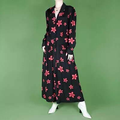 VINTAGE 90s Grunge Long Black Red Floral Tea Pattern Shirt Dress Medium M 12 14 • £24.50