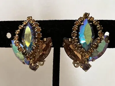 Vintage Aurora Borealis Bumble Bee Earrings Gold Toned Rhinestones Clip On • $19.99