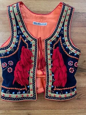 Vintage Polish  Hand Made Velvet Beaded Flowers Folk Costume Vest Blue Womens S • $135