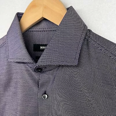 HUGO BOSS Shirt Men 39 15.5 Jason Slim Fit Birds Eye Button Up Cotton Blue Italy • $38.99