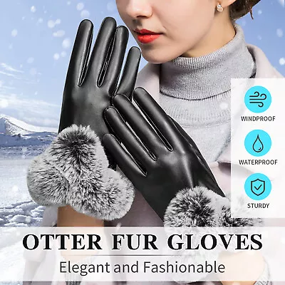 Women's Sheepskin PU Leather Gloves Fox Fur Cuffs Mittens Winter Warm Gloves • $8.59