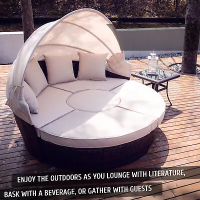 5pc Outdoor Garden Daybed With Retractable Canopy & Water-Resistant Cover Beige • £469