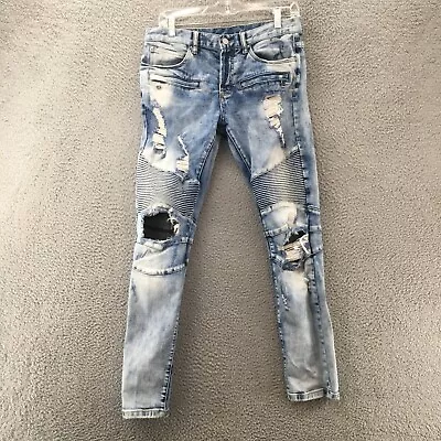 Dope Moto Skinny Jeans Mens 30 Blue Light Acid Wash Denim Distressed Button Fly • $29.99