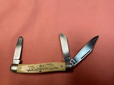 $15 • Buy Vintage Schrade USA SC505 3 Blade 4  3 Ducks Flying SCRIMSHAW Knife With Patina
