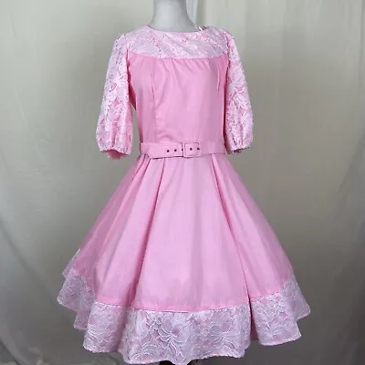 Square Dance Dress Co Pink White Lace Overlay Matching Belt Vintage Sz 16 • $79