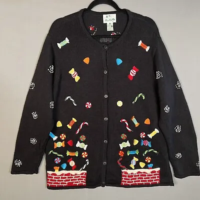 Quacker Factory Cardigan Sweater Women's Large Black Christmas Candy Embroidered • $27.88