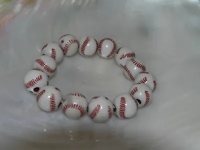 Estate White W Red Stitches Plastic Baseball Bead Stretch Bracelet – Will Fit • $7.91