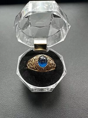 Men’s 8.0g Patterned College Ring Blue Stone 9ct Solid Yellow Gold Size Z • £165