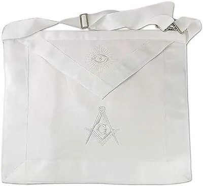 Masonic Master Mason White Embroidered Apron White Ribbon 14  X 16  Inch • $19