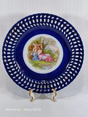 Victoria Carlsbad Austria Cherub & Lady Blue Reticulated Portrait Plate Signed • $30