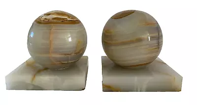 Rare Heavy Vintage Pair Of Art Deco Solid Natural Marbled Onyx Spheres Bookends • $197