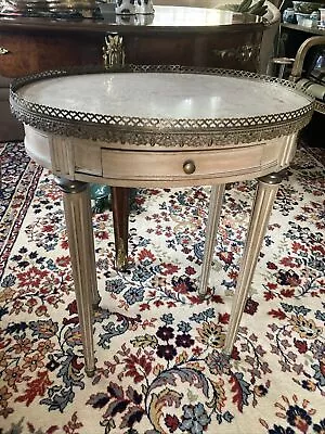 French Louis XV Oval Side Table Marble Top Drawer Brass Whitewashed • $195