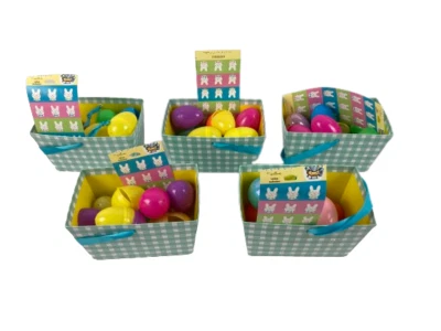 $11 • Buy Lot Of 5 Loaf Easter Baskets Filled With Plastic Eggs And Stickers Plaid Spring 