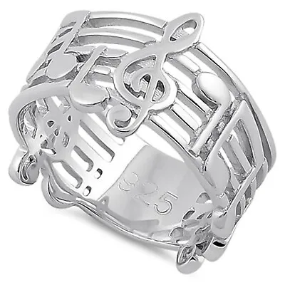 Sterling Silver 925 Musical Notes Ring Wide Classic Ring Treble Clef Jewelry R93 • $42.99