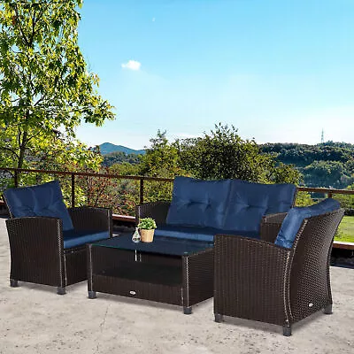 4 PC Outdoor Patio Conversation Sectional Set W/ Sofa & Coffee Table Blue • $363.99