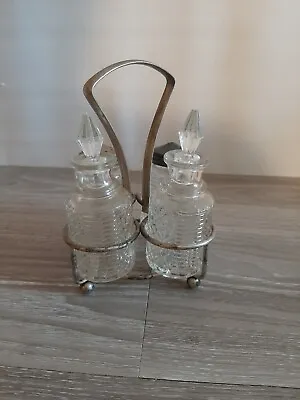 Glass Cruet Set Salt Pepper Oil Vinegar Vintage Etched Glass Complete Set • $6