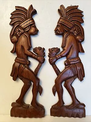 VTG 2 Hand Carved Wood Mayan-Aztec Design Wall Plaque Man W/ Headdress 17” Tall • $36