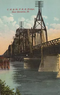 C. M. & St. P. R. R. Bridge - New Savanna Illinois - Unposted Litho • $14.95