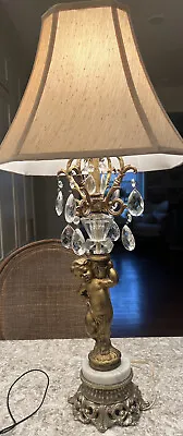 $149.99 • Buy Cherub Lamp Antique Vtg Crystal Prism Marble Table Angel Metal