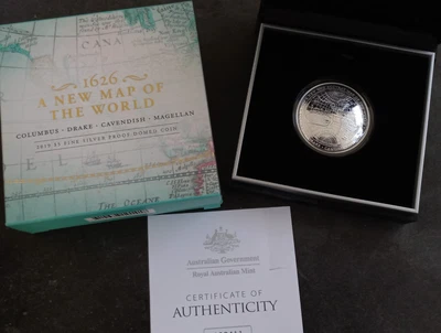 $72 • Buy 2019 Australia 1626 New Map Of The World 1 Oz Silver (.999) $5 Proof Domed Coin