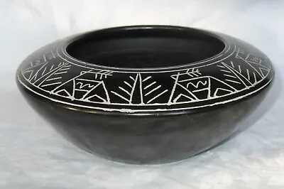 VTG Rumunia Black Pottery W/Etched Deer & Tree Design Vase Planter Bowl Signed • $45