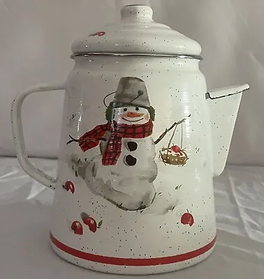 Vintage Hallmark Snowman Enamelware Coffee Teapot Cocoa Jan Karon Red Apples • $21.50
