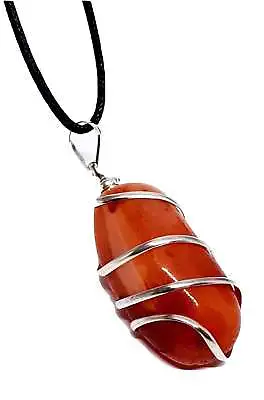 Carnelian Pendant Necklace Gemstone Wire Wrapped Tumble Stone Cord Lace • £3.45